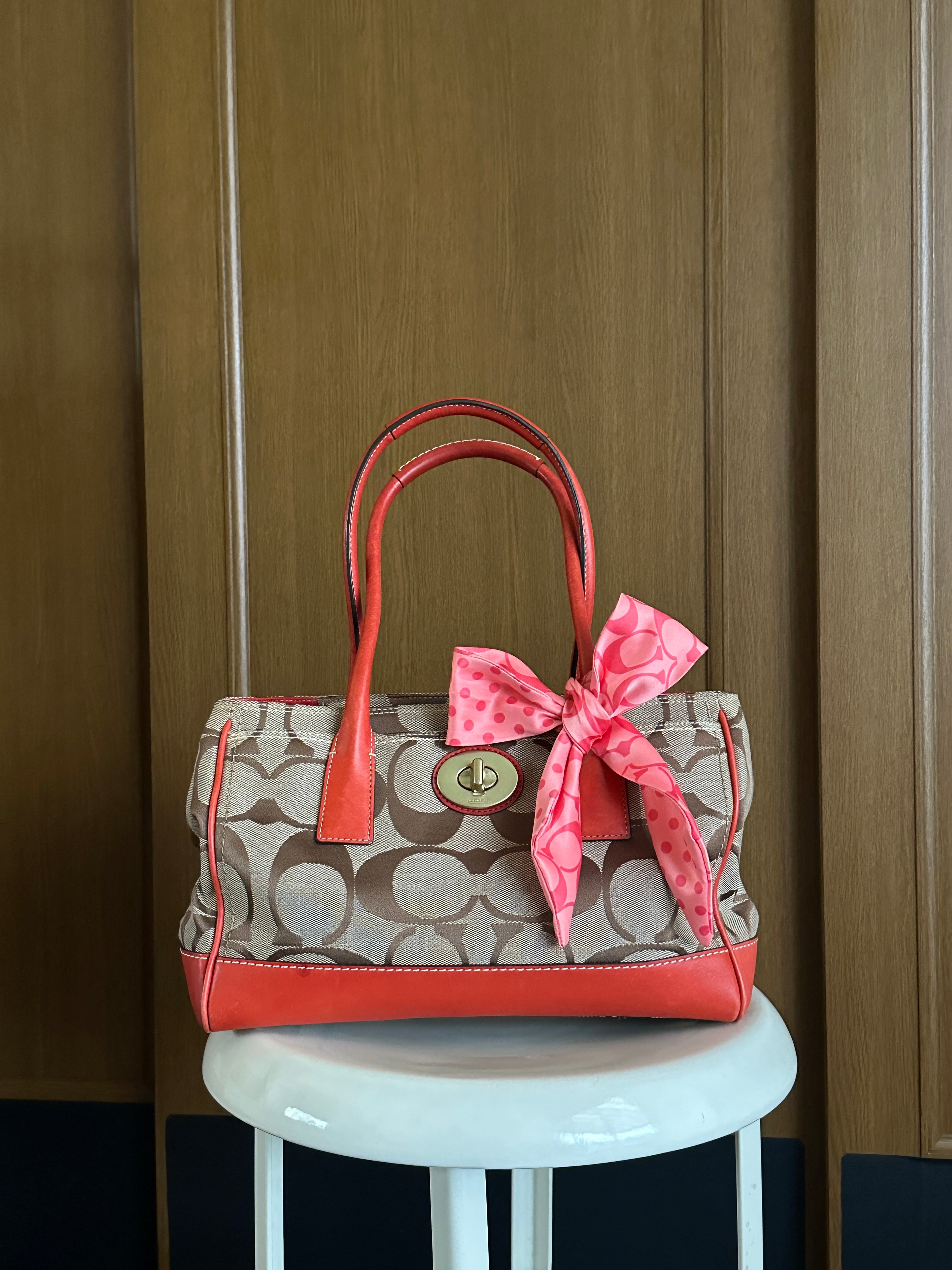 Vintage Coach Signature Canvas Satchel | Khaki & Coral Orange Leather Trim