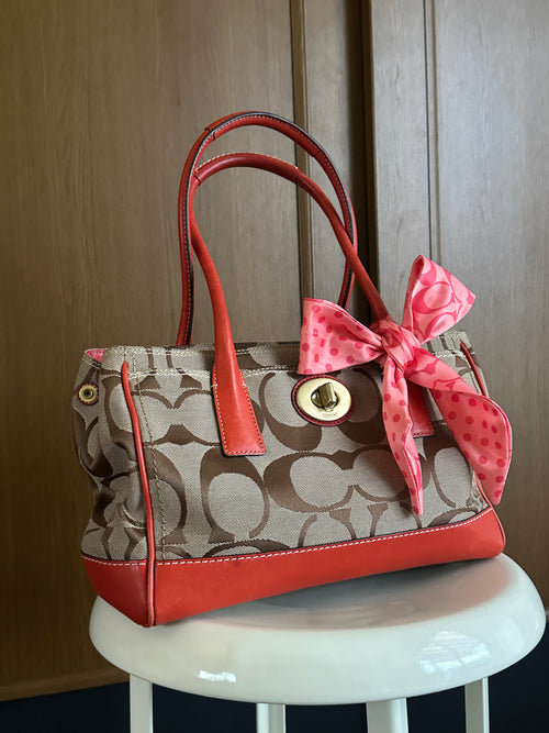 Vintage Coach Signature Canvas Satchel | Khaki & Coral Orange Leather Trim