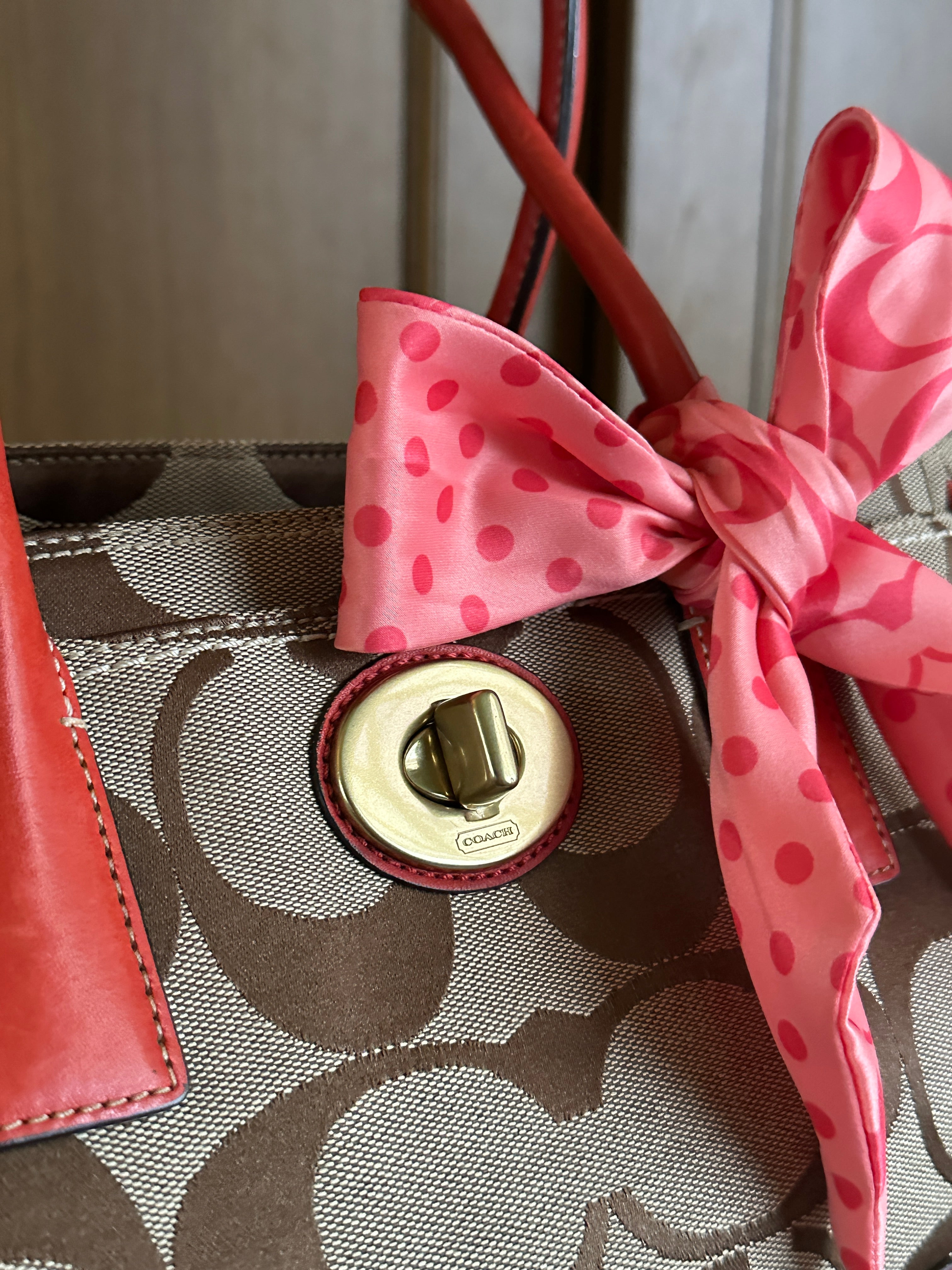 Vintage Coach Signature Canvas Satchel | Khaki & Coral Orange Leather Trim